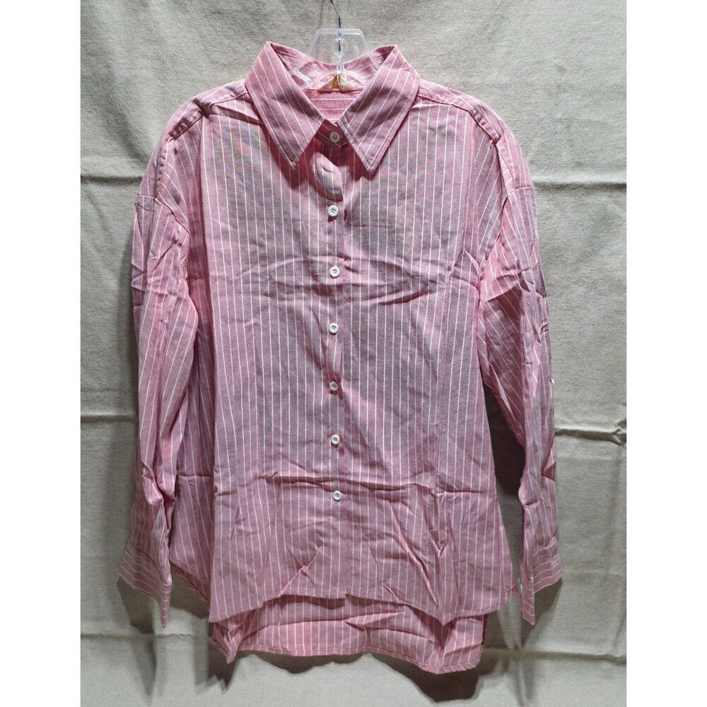 NWT Qinsen Red White Vertical Pinstripe Long Sleeve Shirt Size Med